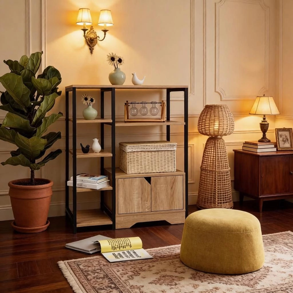Libreria con 4 ripiani; 2 ripiani laterali e cassetto in legno color rovere chiaro per soggiorno 80 × 35 × 97 cm