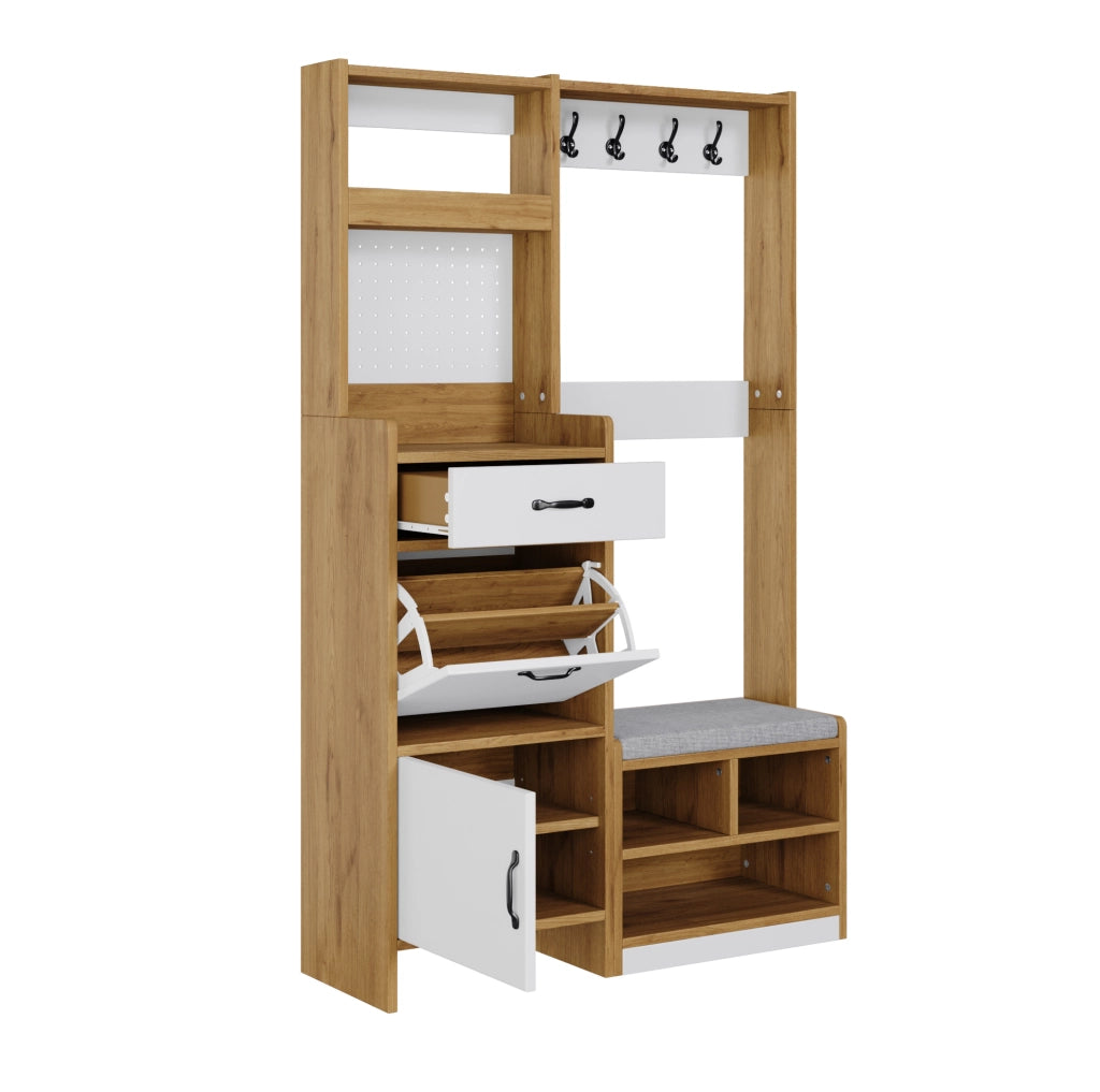 Guardaroba moderno per ingresso con scarpiera, panca imbottita, appendiabiti, cassetto, anta, vano a ribalta e ripiani aperti, rovere/bianco, 108,5 x 35 x 180 cm
