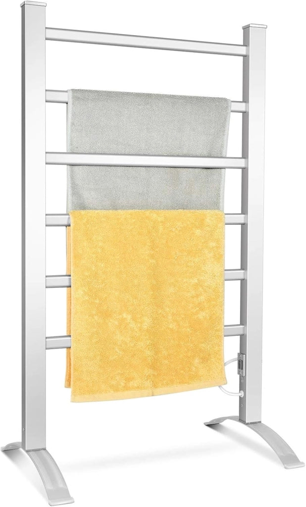 Portasciugamani Multifunzionale Elettrico 2 in 1, Portasciugamani Elettrico per Vestiti e Asciugamani 100 W, con 6 Sbarre, Struttura in Alluminio, Portasciugamani per Bagno, Argento
