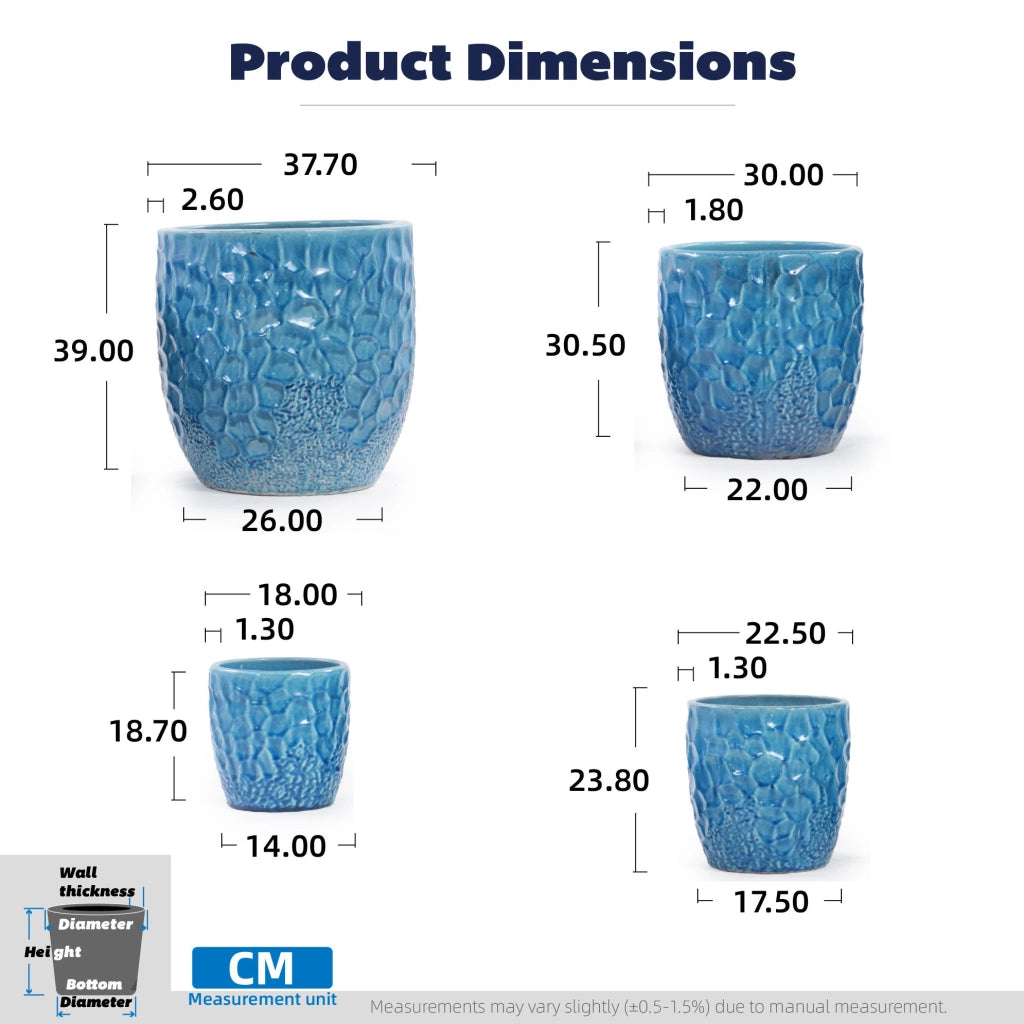 Vaso in ceramica artigianale ø38 cm, blu lucido con rilievo martellato e foro di drenaggio, resistente al gelo