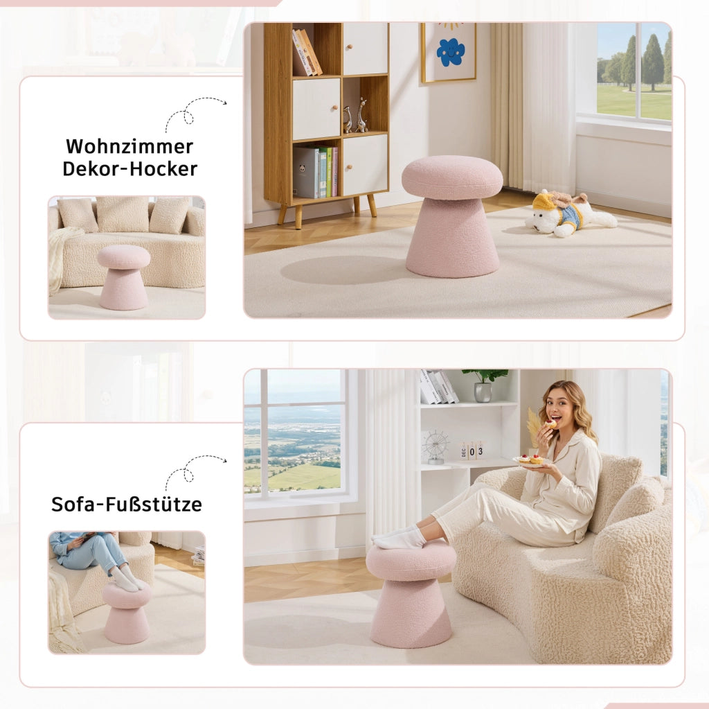 Pouf girevole moderno in tessuto Teddy rosa, forma fungo, 41x41x44 cm, per soggiorno e camera da letto