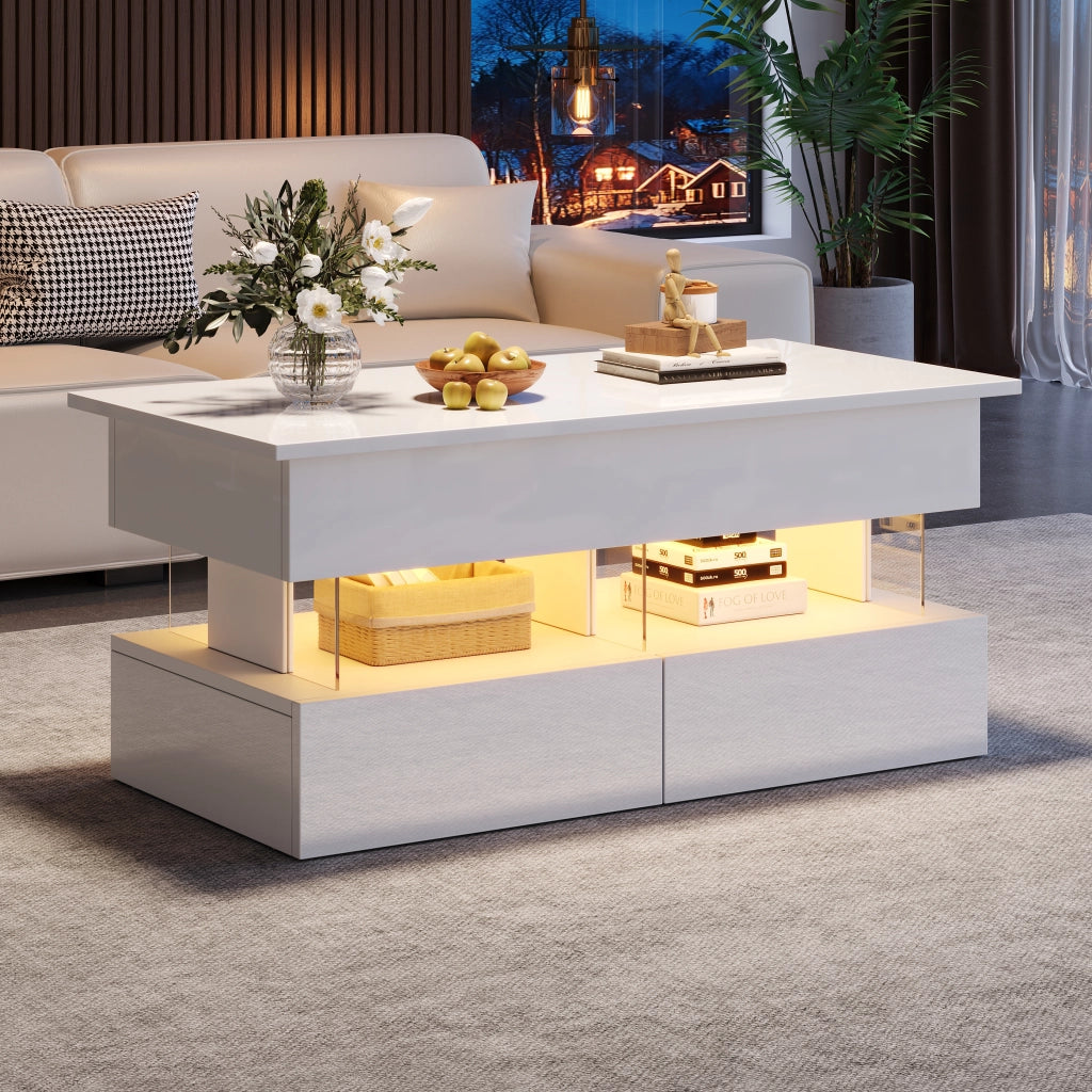Tavolino basso alzabile con piano idraulico LED Bluetooth; 2 cassetti e vano nascosto bianco 100 × 50 × 46 cm