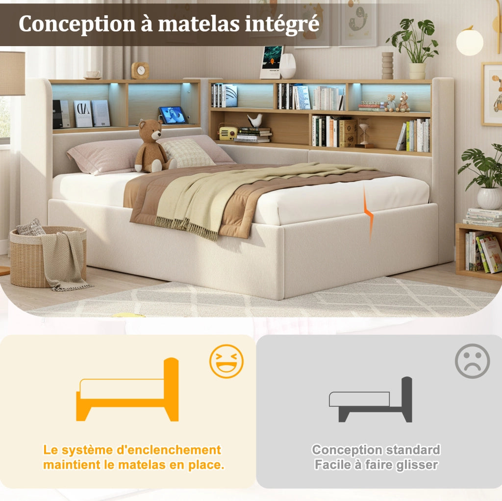 Daybett in velluto beige 90x200 cm con contenitore idraulico, luce LED e porta USB
