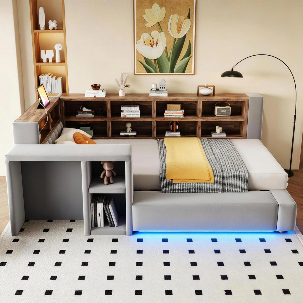 Letto Imbottito 90x200 cm Singolo Grigio Scuro con Testiera Portaoggetti; LED e Prese Integrate