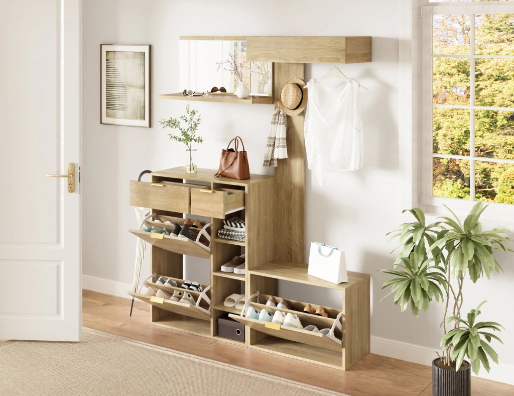 Set guardaroba 4 pezzi con scarpiera, panca, specchio e appendiabiti 130x30x174 cm, mobili per ingresso in truciolato naturale