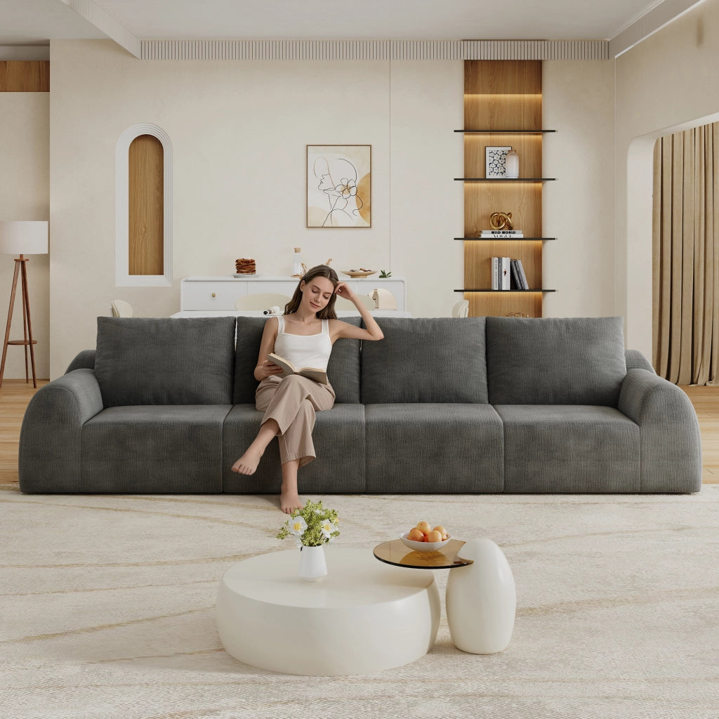 Divano dritto con schiuma elastica, senza attrezzi, in tessuto ciniglia grigio scuro 324×95×85 cm