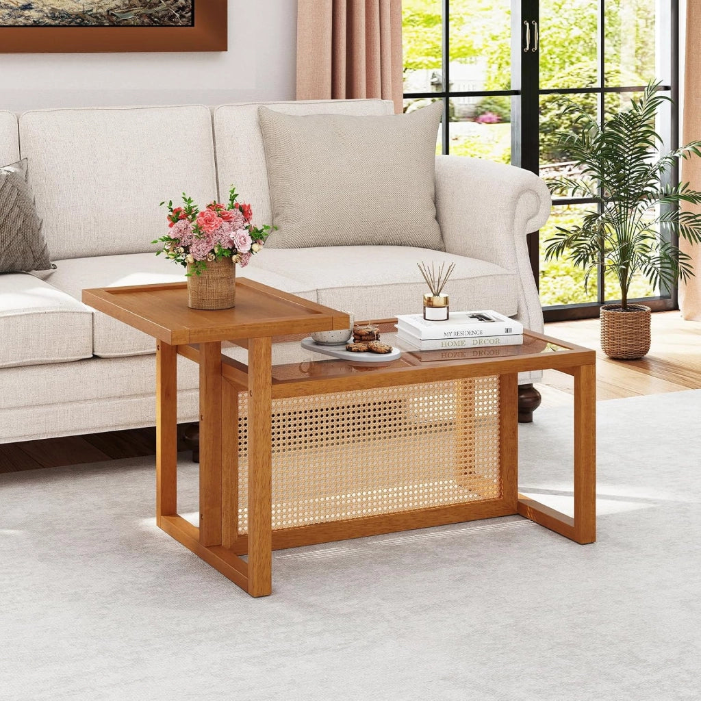 Tavolino Salotto in Vetro Temperato e Rattan a 2 Ripiani
Tavolino da Caffè Salvaspazio Rettangolare con Vassoio Laterale e Decorazioni Rattan, da Studio e Ufficio, 102 x 56 x 56 cm