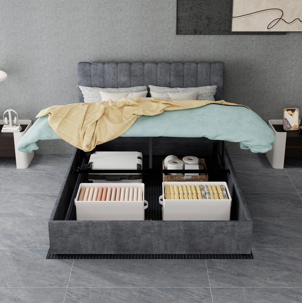 Letto Imbottito Moderno 140x200 cm con Testiera Morbida e Base Contenitore Grigia