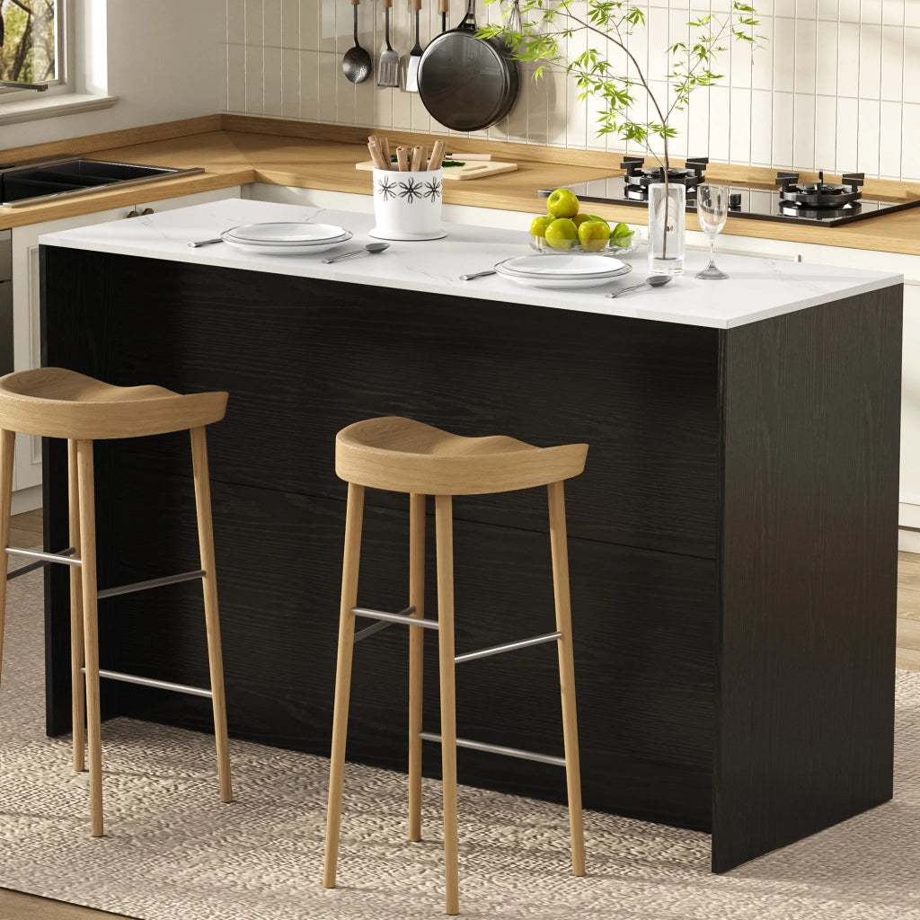 Isola cucina LED con 2 cassetti, ante in vetro e ripiani regolabili, per cucina e sala da pranzo, nera, 135 × 55 × 91 cm