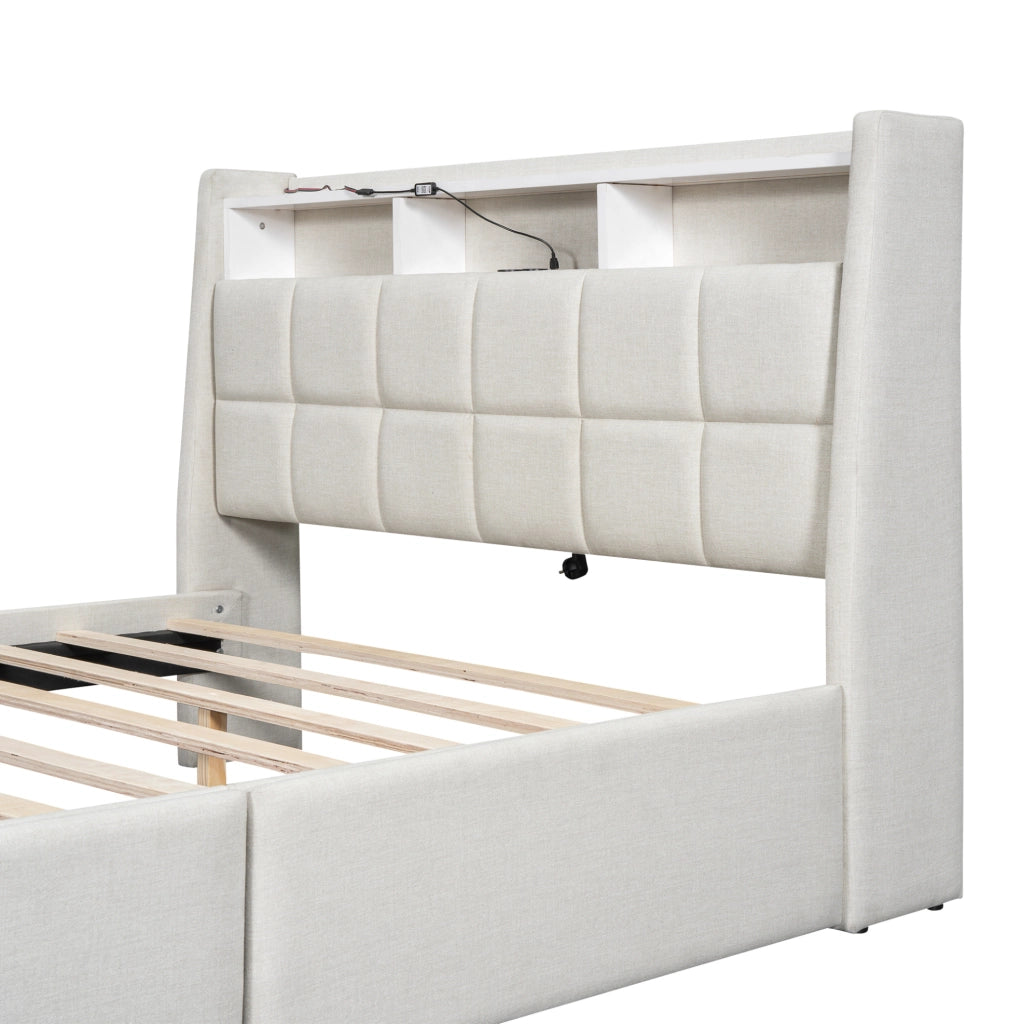 Letto imbottito 140x200 cm in lino e MDF con LED APP; USB e 2 cassetti; beige
