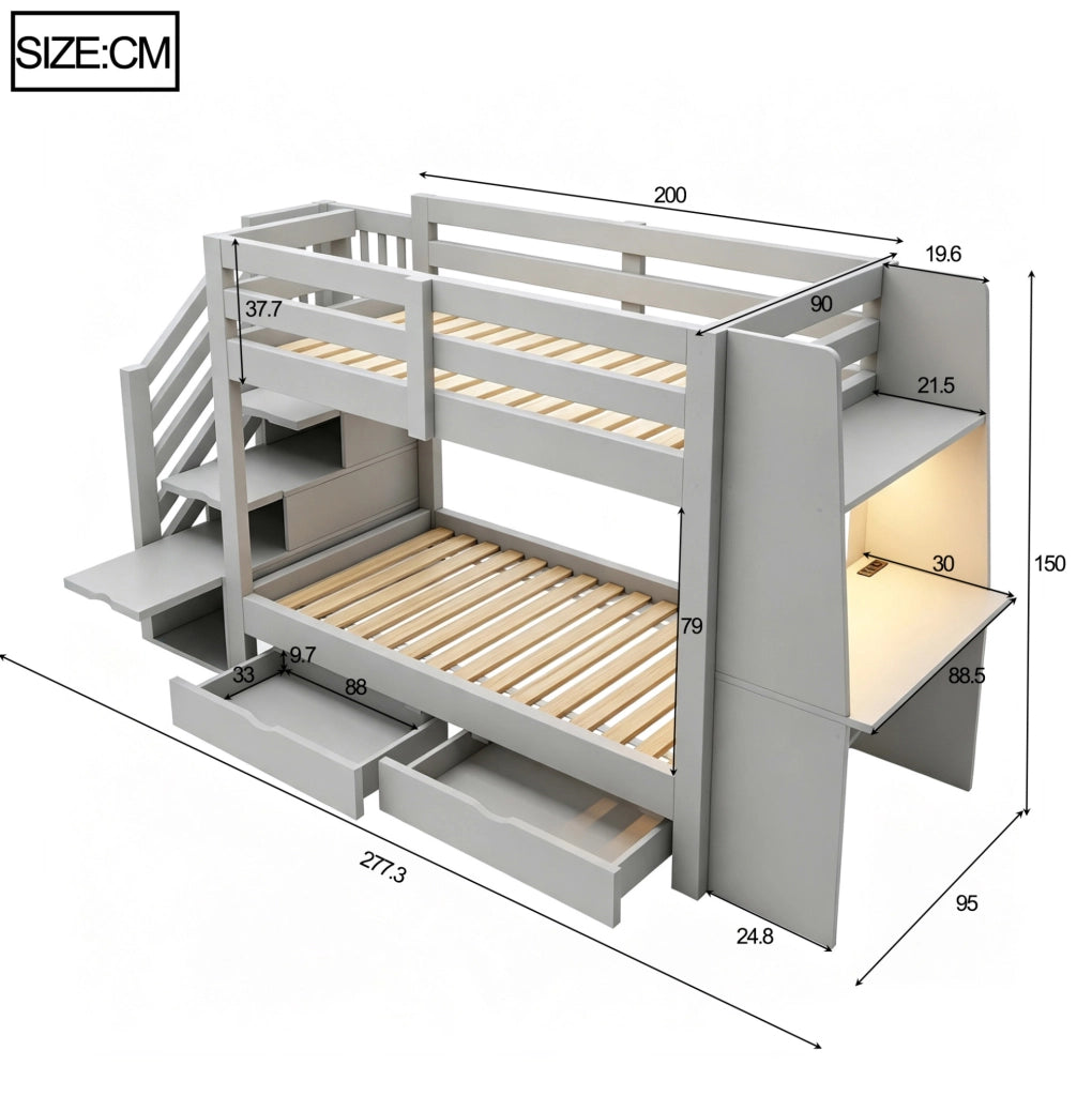 Letto a castello 90x200 cm in legno grigio con scrivania; libreria; LED e cassetti