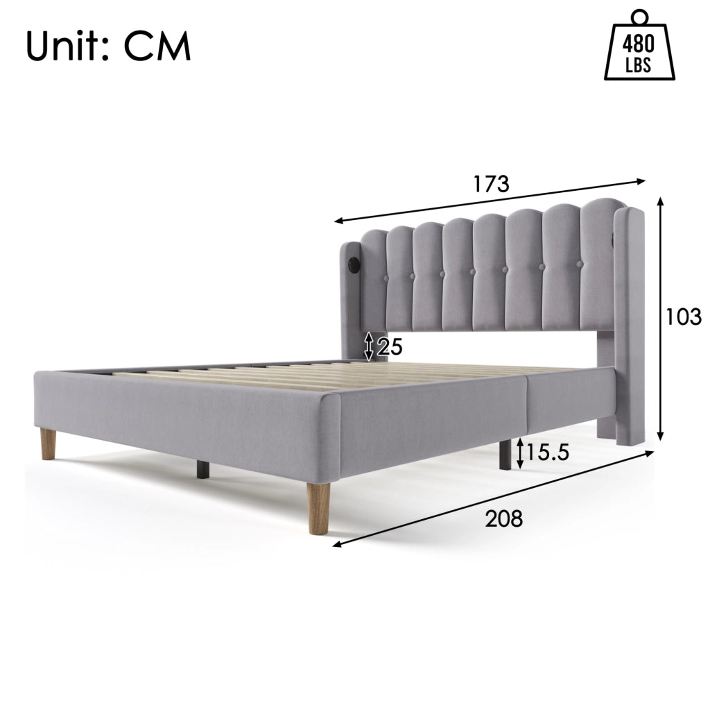 Letto matrimoniale imbottito grigio 160x200 cm con USB e Type-C