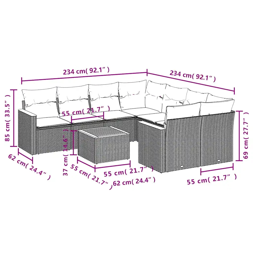 Set Divani da Giardino 9 pz con Cuscini Grigio in Polyrattan 3225830