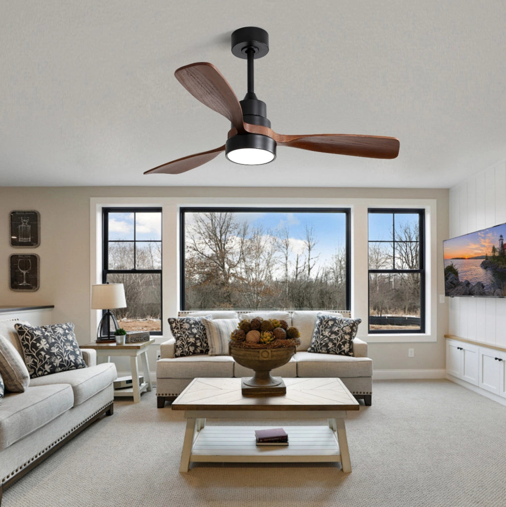 Ventilatore da soffitto nero con luce LED 18 W, motore DC reversibile e telecomando
