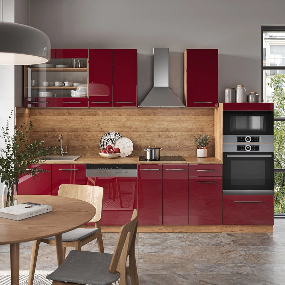 Cucina componibile Fame-Line Bordeaux lucido/Rovere dorato 300 cm con armadio alto, PL Antracite Vicco