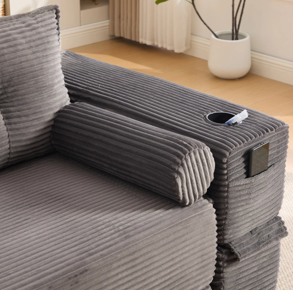 Divano letto in corduroy a due posti con schiuma ad alta densità e molle, con cuscini memory e porta bevande, facile da montare
