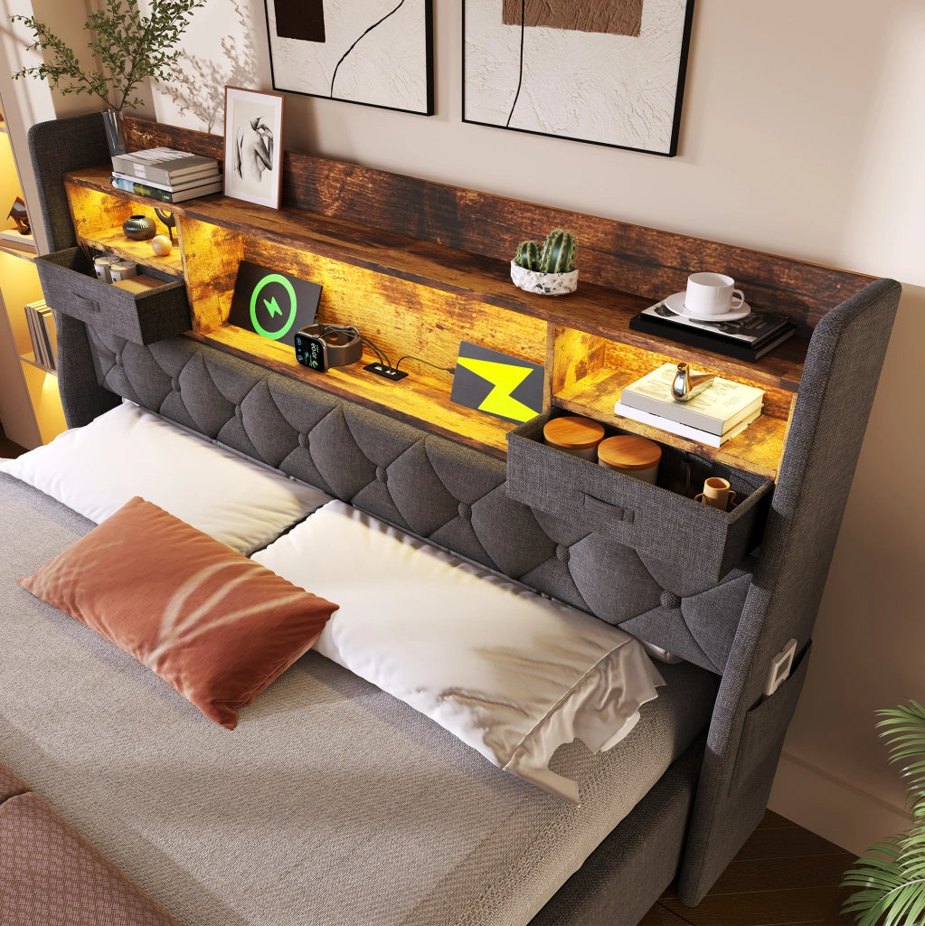 Letto 160x200 cm con materasso, contenitore idraulico, LED e rivestimento in lino grigio