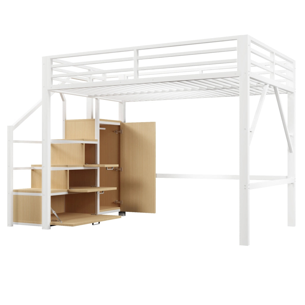 Letto a soppalco 140x200 cm in metallo bianco con armadio; contenitori e luci LED