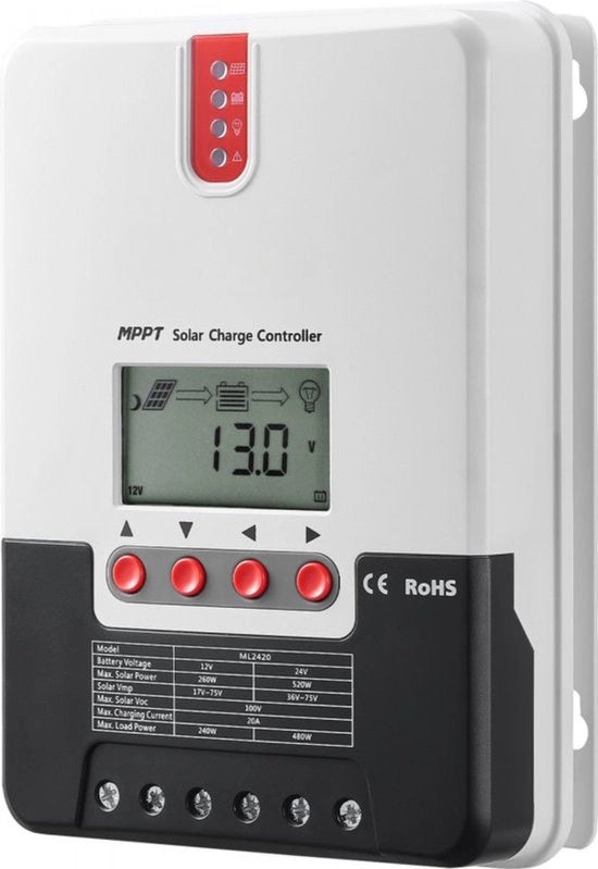 Controllore MPPT per Pannelli Solari - 20A - 12/24V - Con Bluetooth e Display LCD