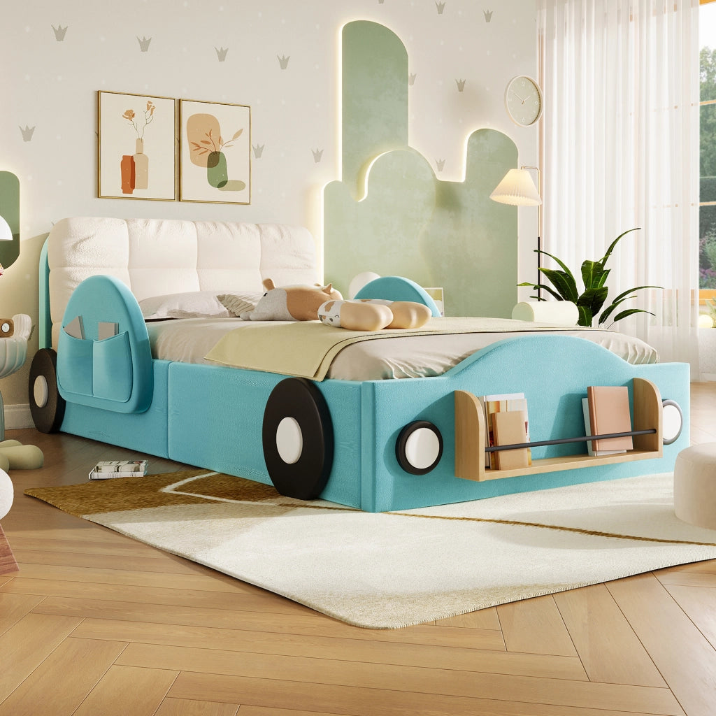 Letto singolo 90 × 200 cm con contenitore idraulico, tasche laterali e libreria, senza materasso, blu