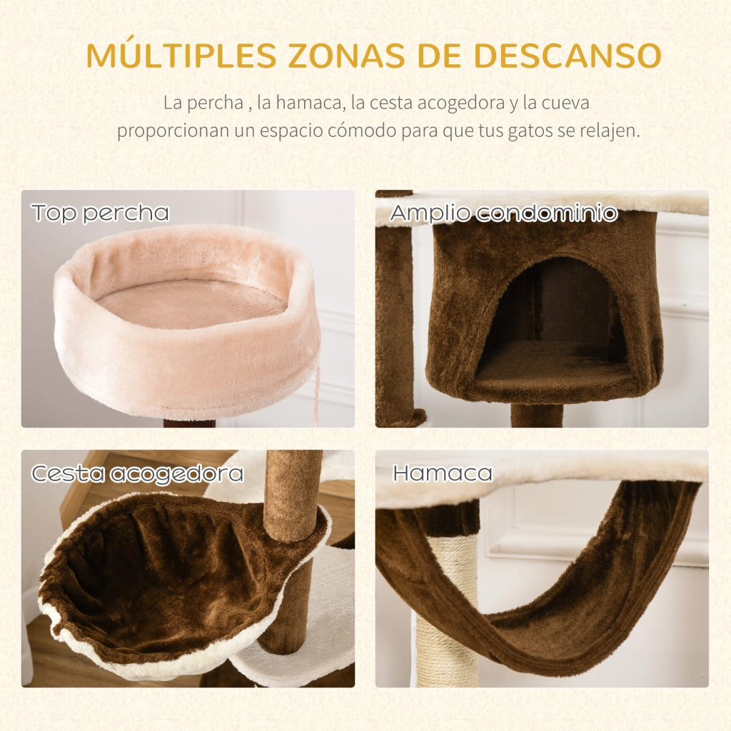 Torre per Gatti Grande con Piattaforme, Amaca e Cuscini ¨C Minimal ¨C Marrone 65x50x153 cm