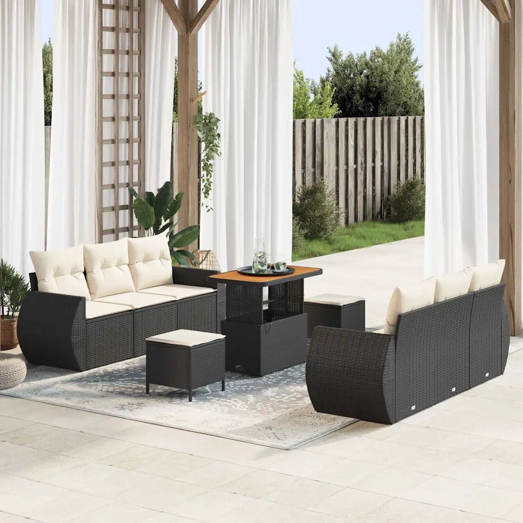 Set Divano da Giardino con cuscino 9 pcs Nero polyrattan