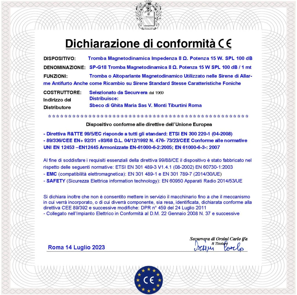 Altoparlante Ricambio Per Sirena Allarme Tromba Impedenza 8 Ω Potenza 15 W Suoni Alta Frequenza da 1,3 ± 2 KHz 100 dB Membrana Oscillante ABS su Magnete Permanente Ø 70XS10 mm Misure L87XH80XP40 mm