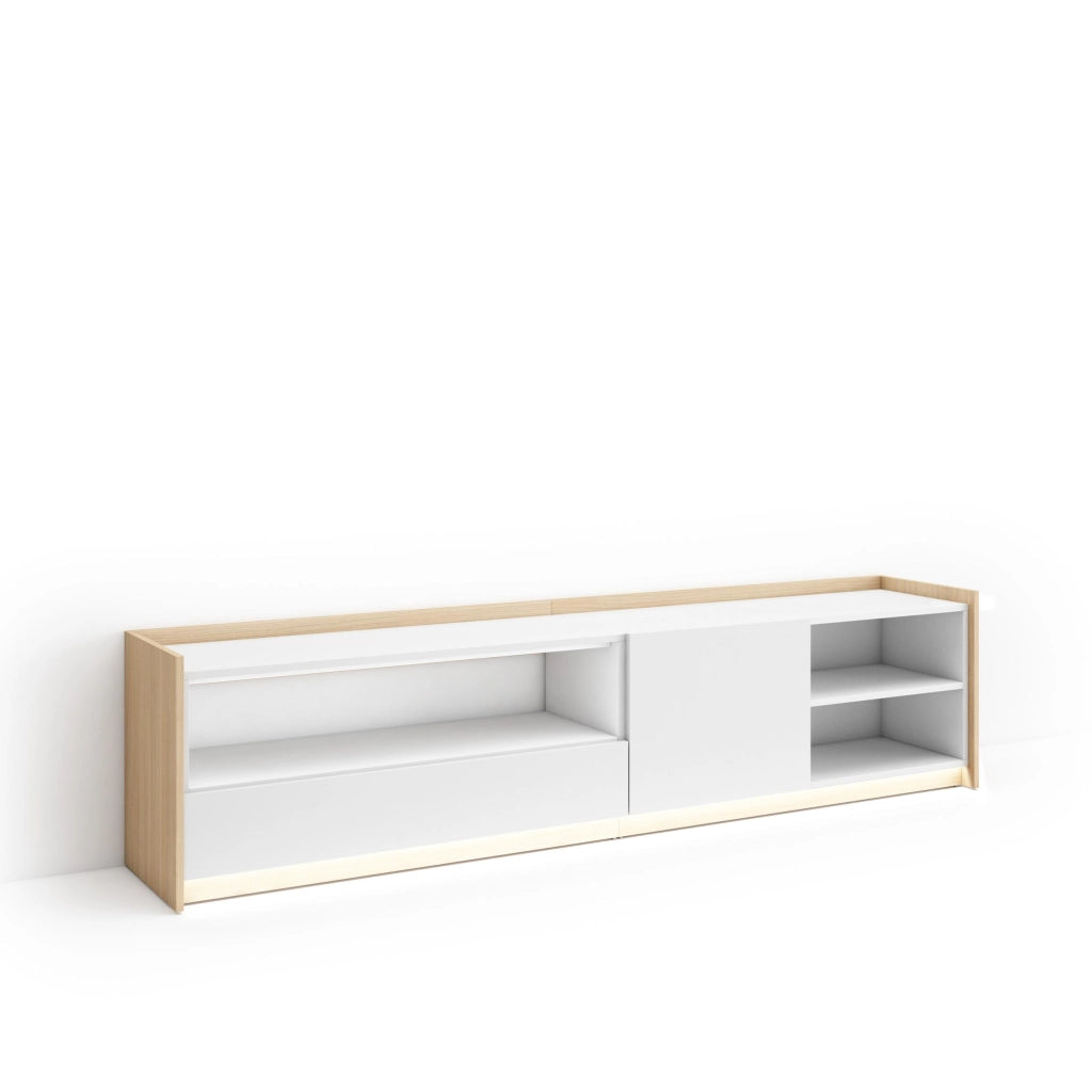 Mobile TV Soggiorno, 207x50x37 cm, Per TV fino a 80", LED, Bianco e Rovere soft