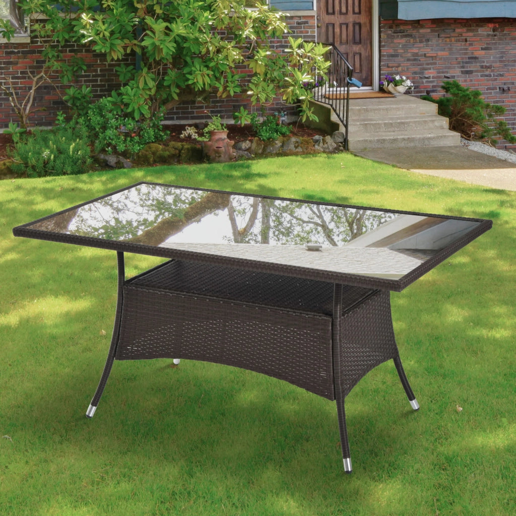Tavolo da giardino da pranzo in polyrattan e vetro temperato marrone e nero robusto per esterno 150x85x74cm