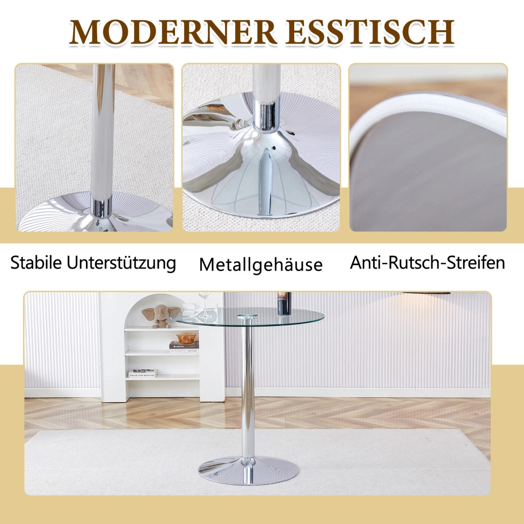 Set Bar Flessibile: Tavolo Rotondo in Vetro Trasparente Ø 89 cm + 2 Sgabelli da Bar con Gambe Argentate, Salvaspazio e Versatile