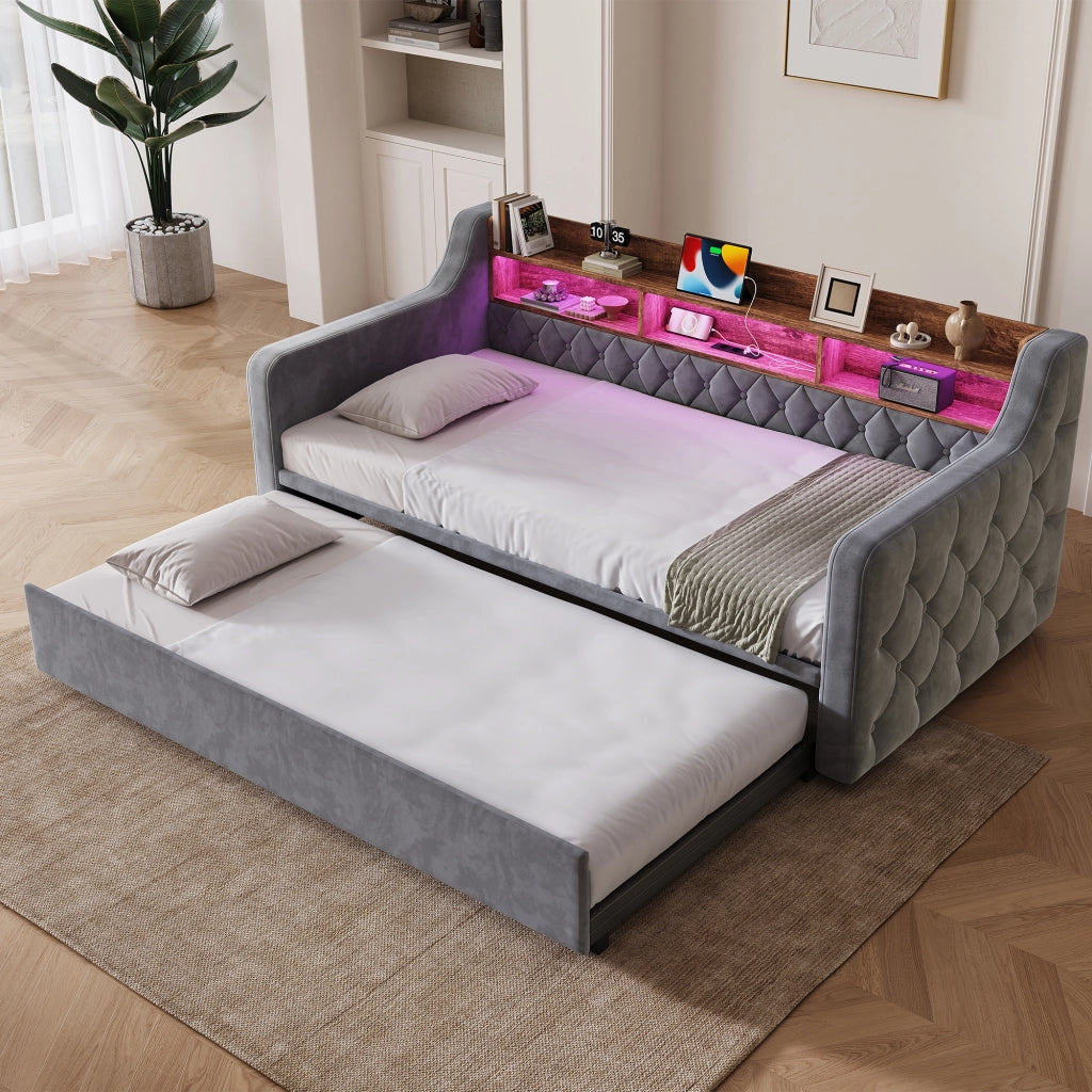 Letto divano estraibile 90 × 190 cm con LED, USB, Type-C e testiera contenitore, senza materasso, grigio scuro