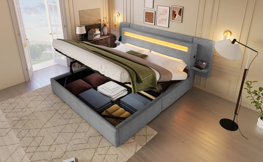 Letto imbottito 180 × 200 cm con contenitore idraulico in lino grigio LED multicolore comodino e USB