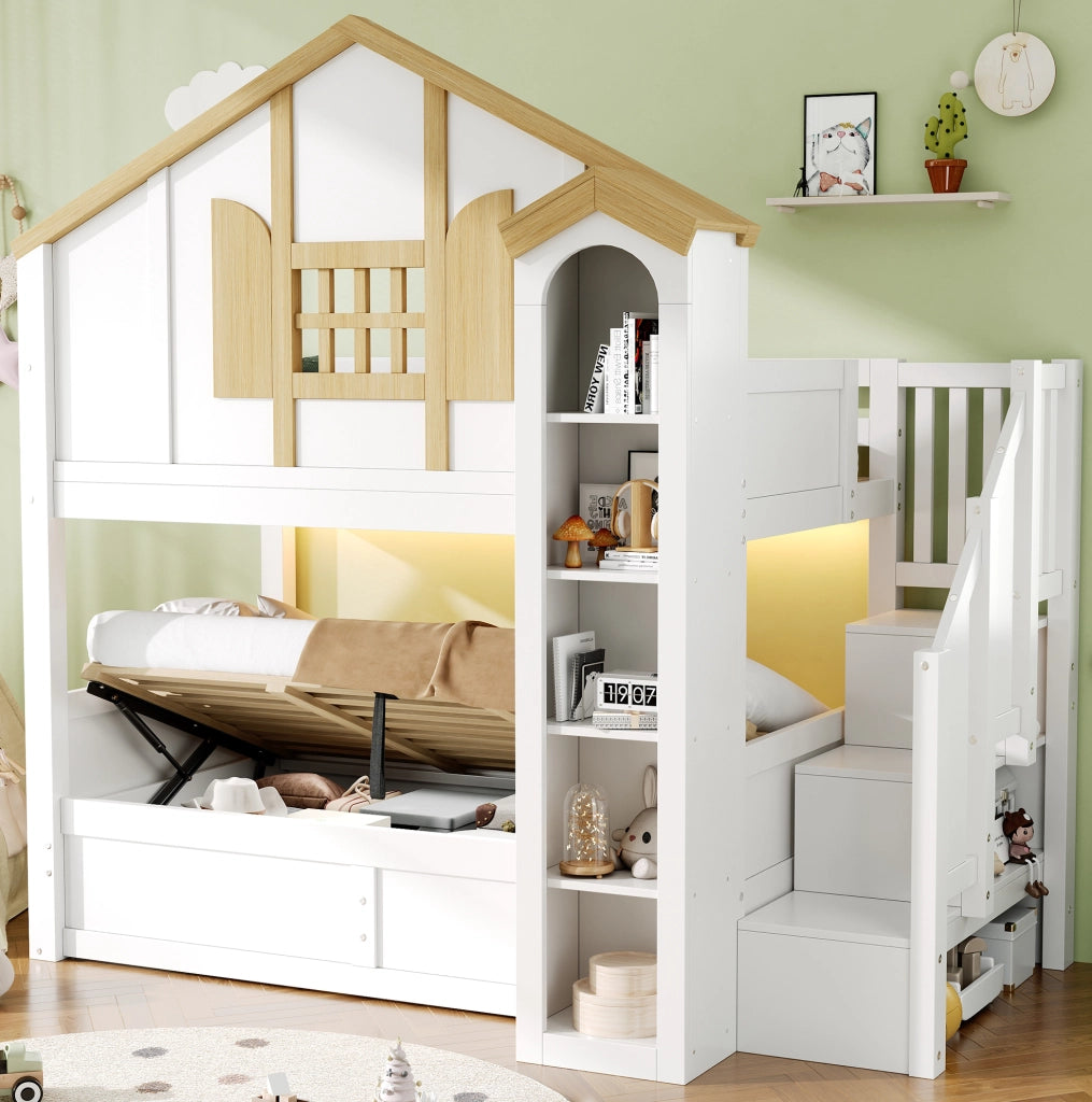 Letto a castello 90x200 cm con contenitore idraulico; scala contenitore e LED bianco HOMVRA