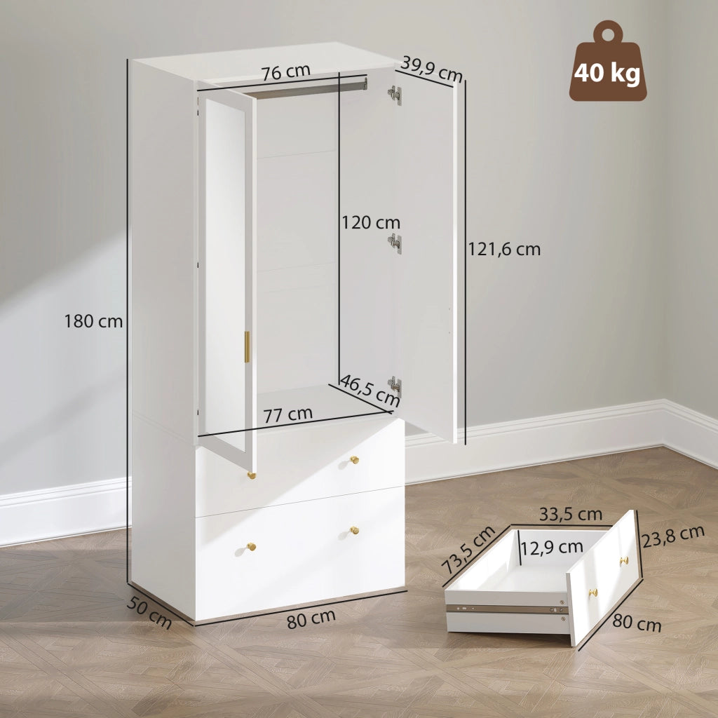 Armadio con specchio 2 ante 2 cassetti ¨C zephmum ¨C 80x50x180 cm bianco