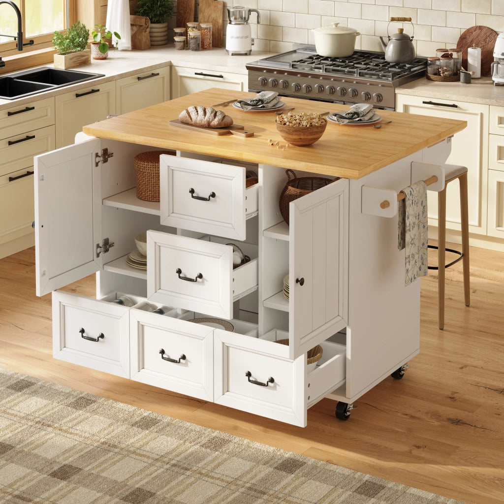 Isola da cucina con piano ribaltabile; ruote bloccabili; ripiani regolabili; portaspezie e portasalviette bianca
