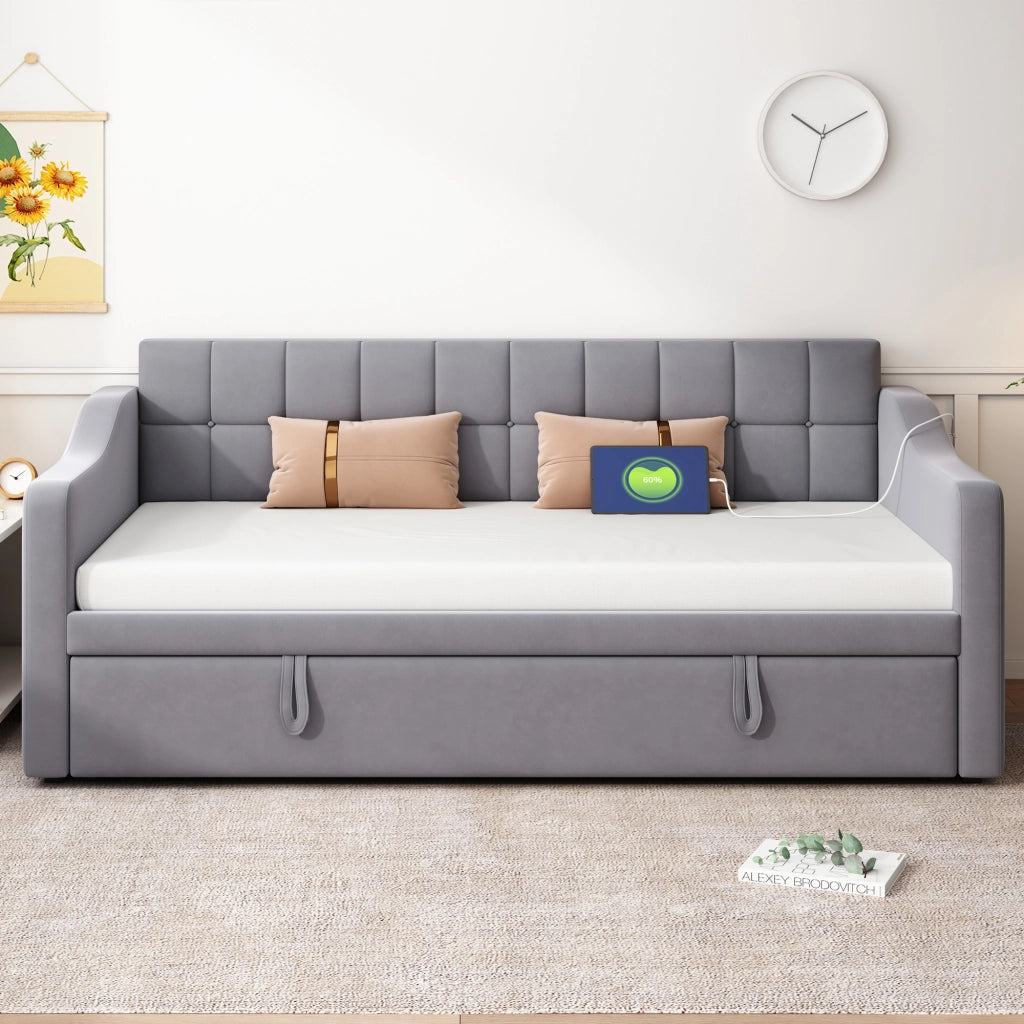 Letto divano estraibile 90×190 e 180×190 cm; 2 posti con porte USB sui braccioli; senza materasso; velluto grigio