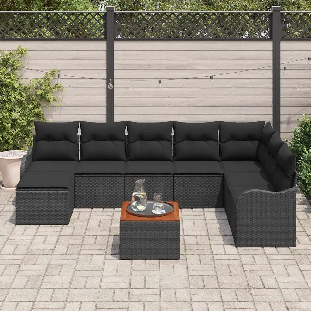 Set Divano da Giardino con cuscino 9 pcs Nero polyrattan