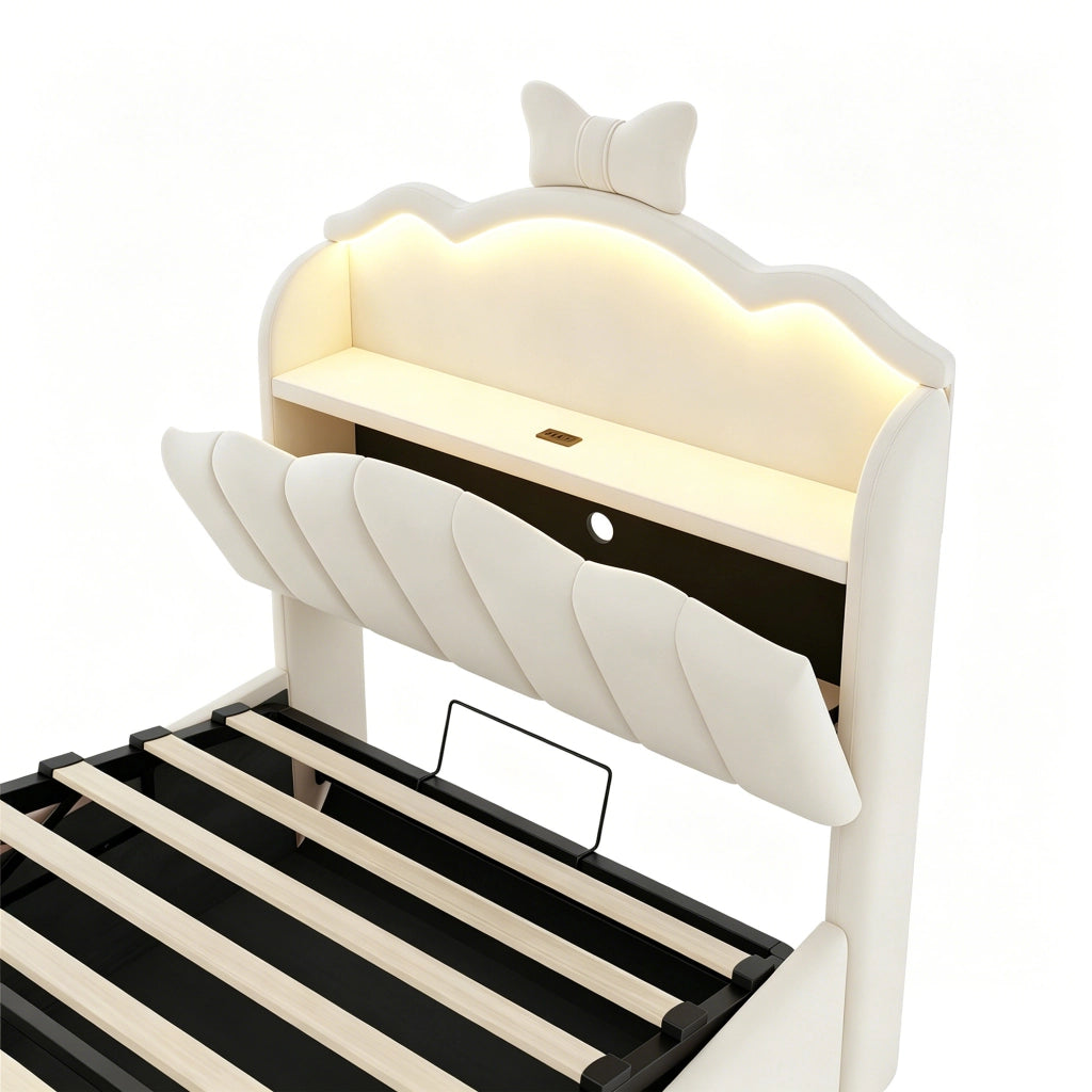 Letto contenitore 90 × 200 cm imbottito con testiera a fiocco LED porte USB e USB-C rivestito in velluto beige
