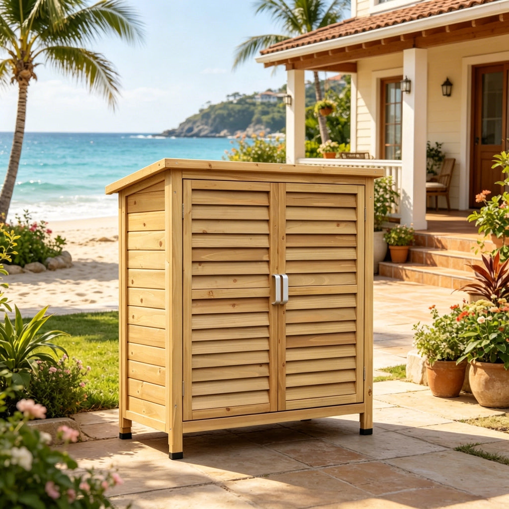 Armadio da esterno in legno con tetto bituminoso e porte a persiana giallo 87 × 46.5 × 96.5 cm