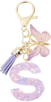 Sleutelhanger con lettera S - Farfalla - Accessorio per Donne - Materiale: Hars/Legering - Lunghezza Totale 9,3 cm - Lunghezza della Setola 4 cm - Anello per Chiave