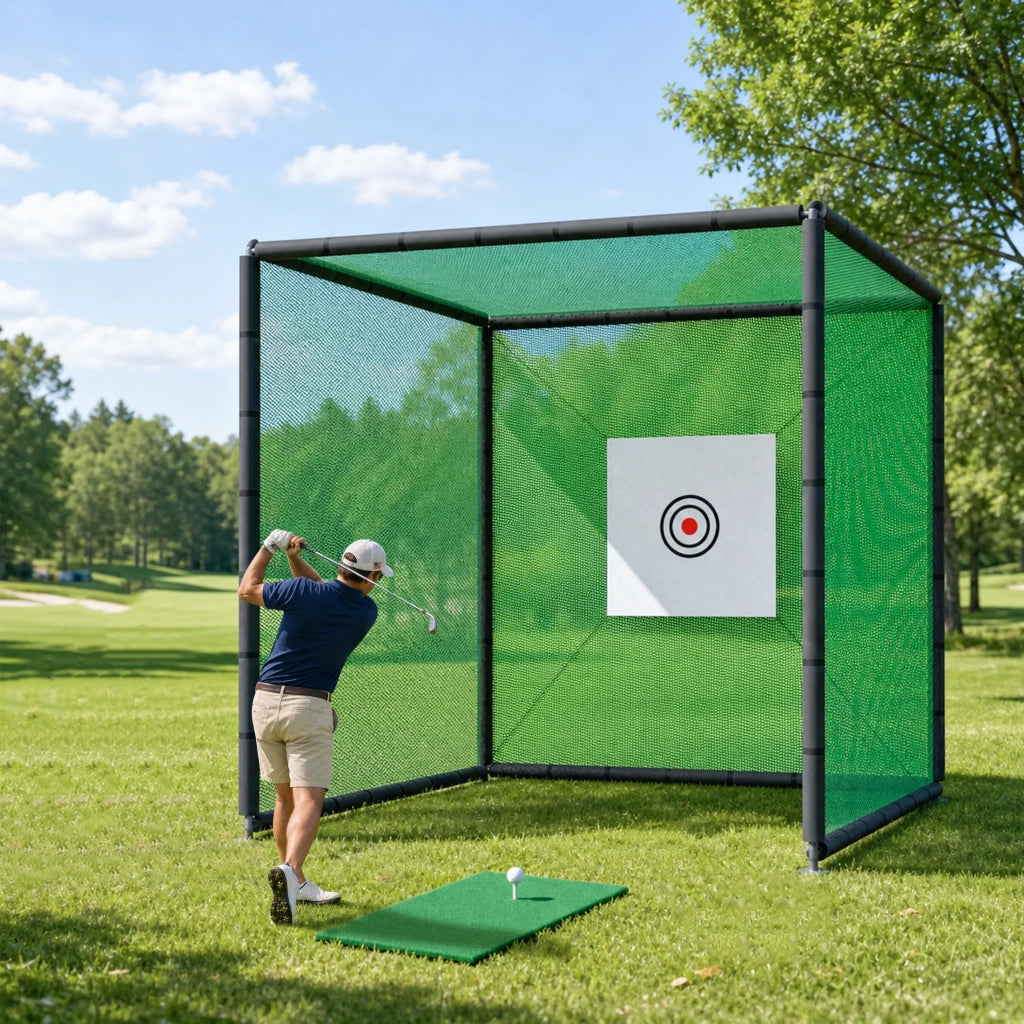Rete da Golf 300x300x300cm con Telaio in Acciaio Robusto, Telo Bersaglio, Tappetino e Tee in Gomma. Per Interni ed Esterni: Giardino, Garage, Parco