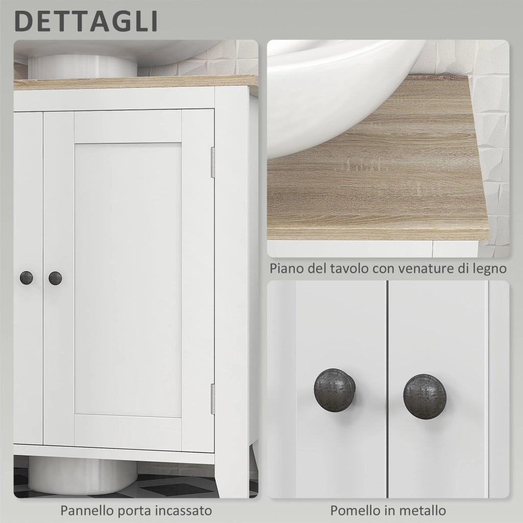 Mobile Sottolavabo Bagno con Intaglio a U Salvaspazio, Mobiletto in MDF con Ripiano Regolabile, 60x30x60 cm, Bianco e Legno