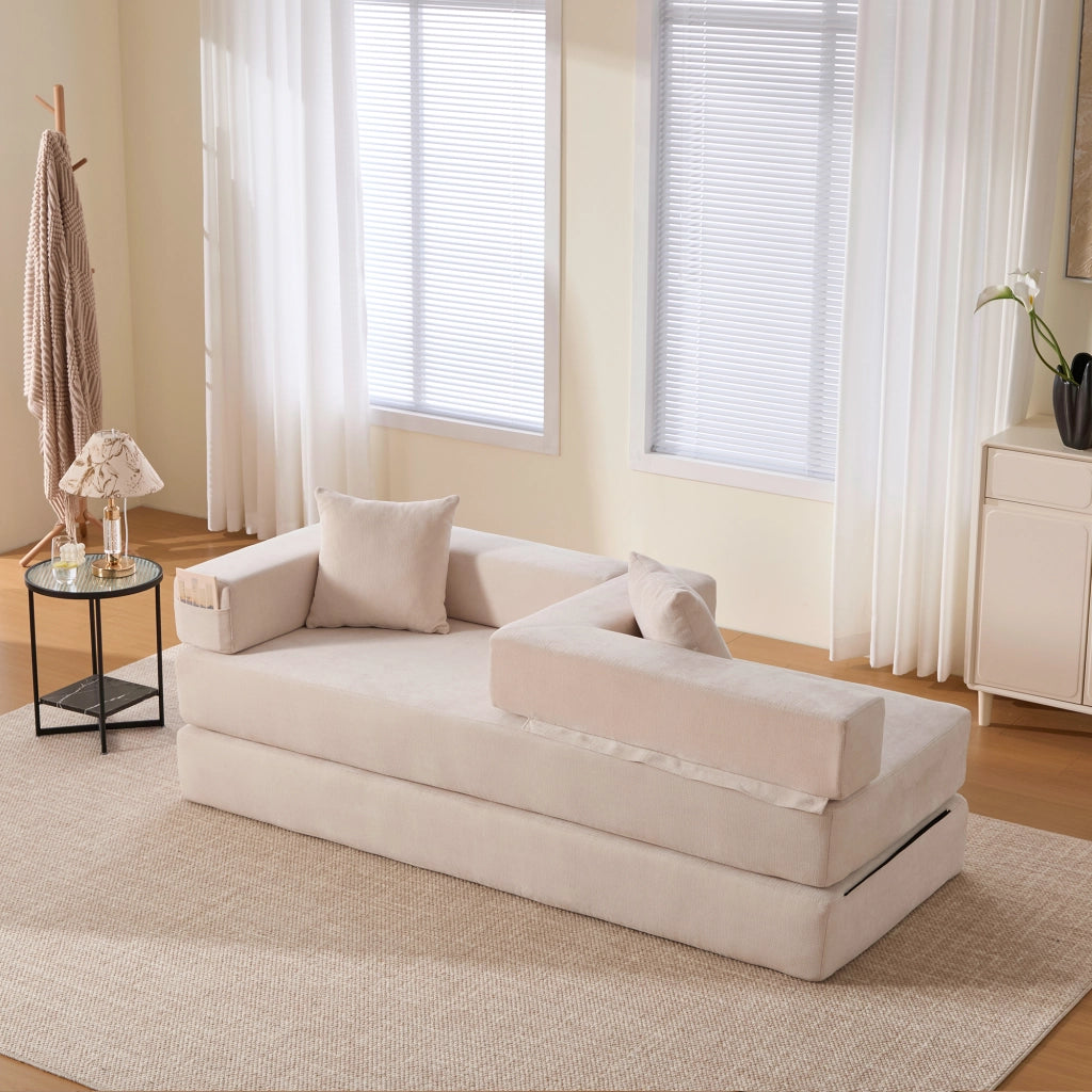 Divano modulare in ciniglia beige con tasche laterali e base antiscivolo