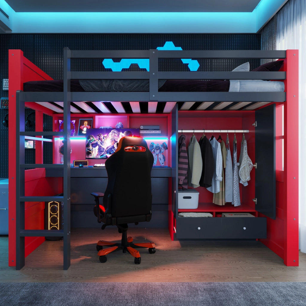 Letto a castello 90x200 cm in legno con armadio, scrivania, cassetti e scala, stile gaming nero e rosso