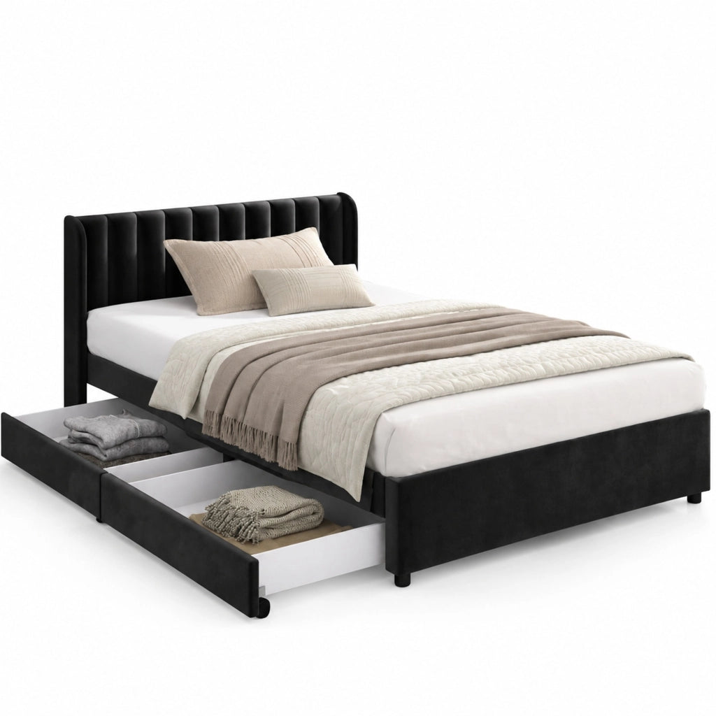 Letto matrimoniale 140x200 cm in velluto nero con rete a doghe e 2 cassetti