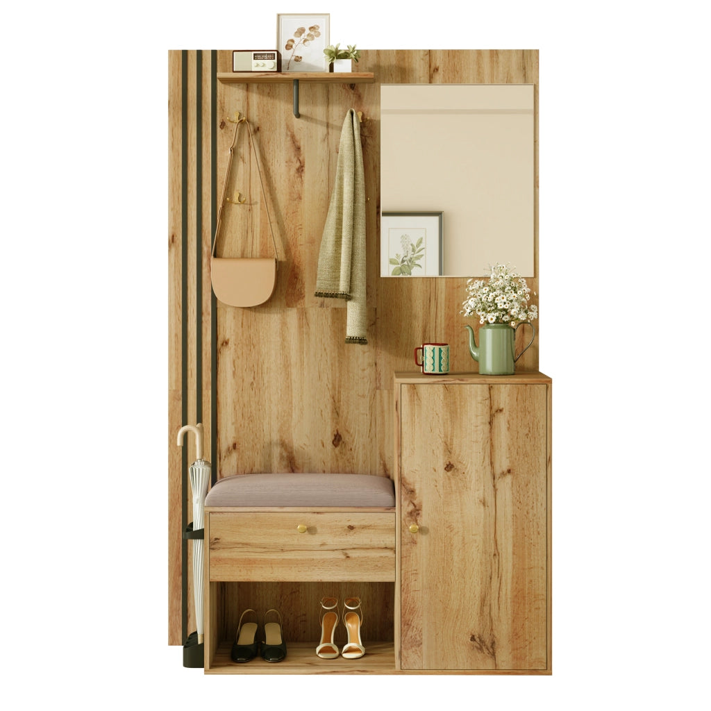 Mobile da ingresso con specchio e seduta imbottita, ripiani regolabili, in MDF naturale e nero, 115 × 37 × 185 cm