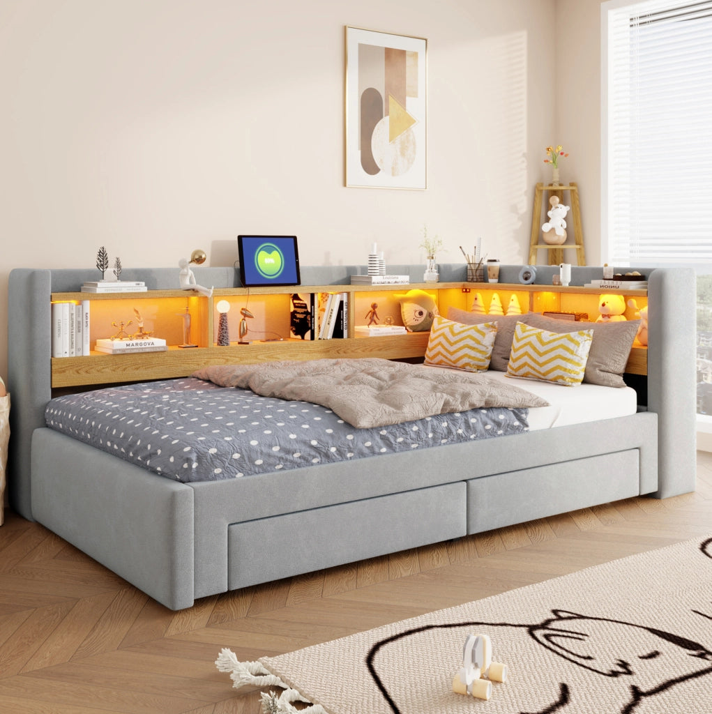 Divano letto 3 in 1 estraibile 90x200 cm; matrimoniale 180x200 cm; LED e cassetti; grigio