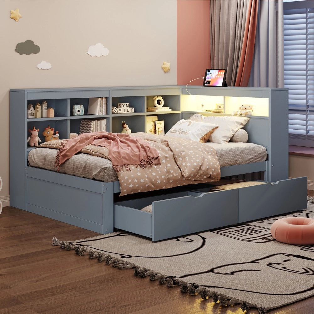 Letto Singolo in Legno Massello con Contenitore, LED e USB ¨C MINIMAL ¨C Grigio 90x200