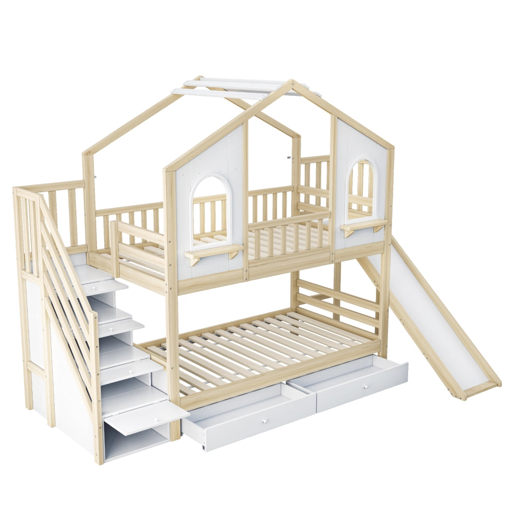 Letto a castello per bambini 90 × 200 cm 2 posti; con scivolo; scala contenitore e cassetti; senza materasso