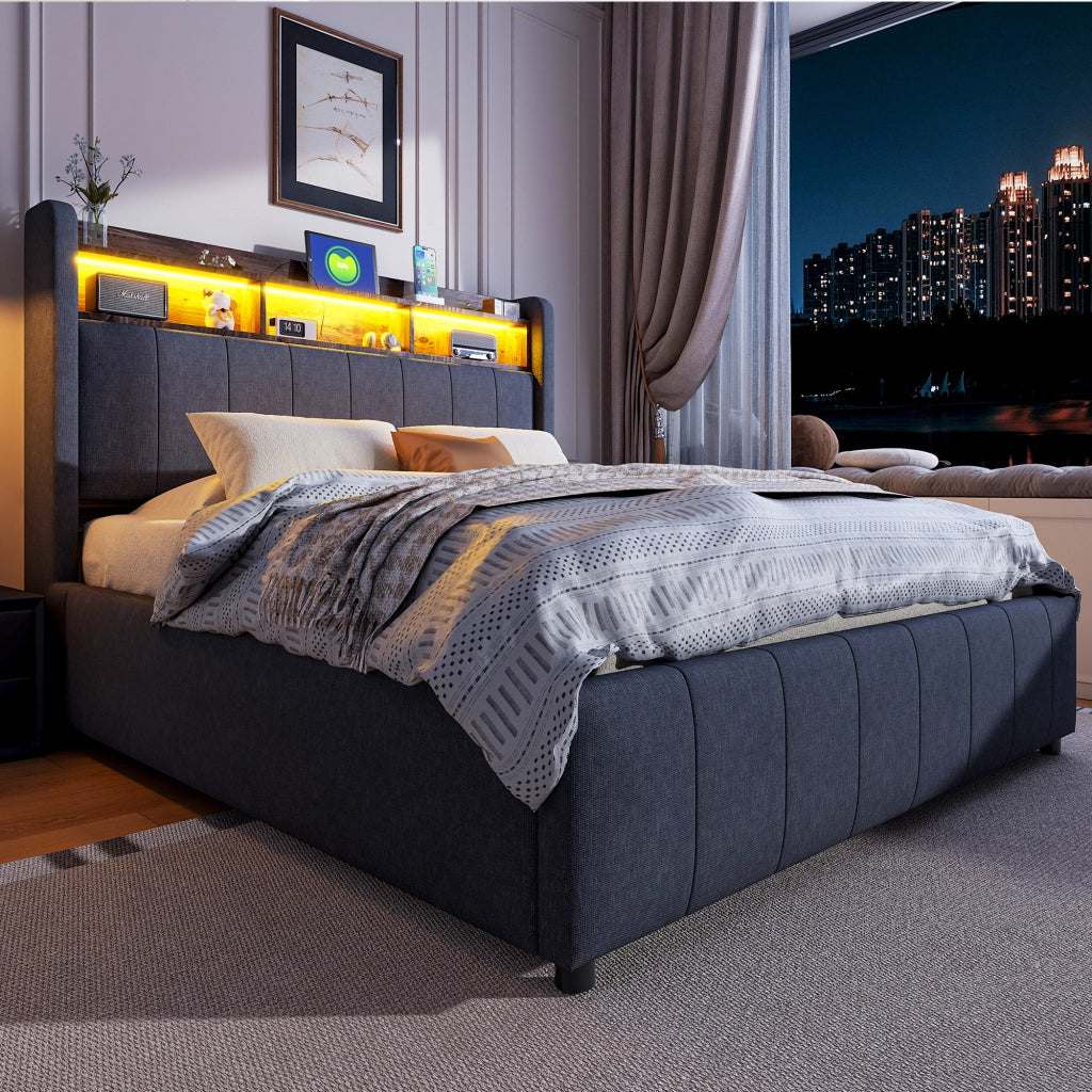 Letto imbottito 140 × 200 cm con contenitore idraulico LED USB e Type-C testiera con ripiani in tessuto di lino grigio